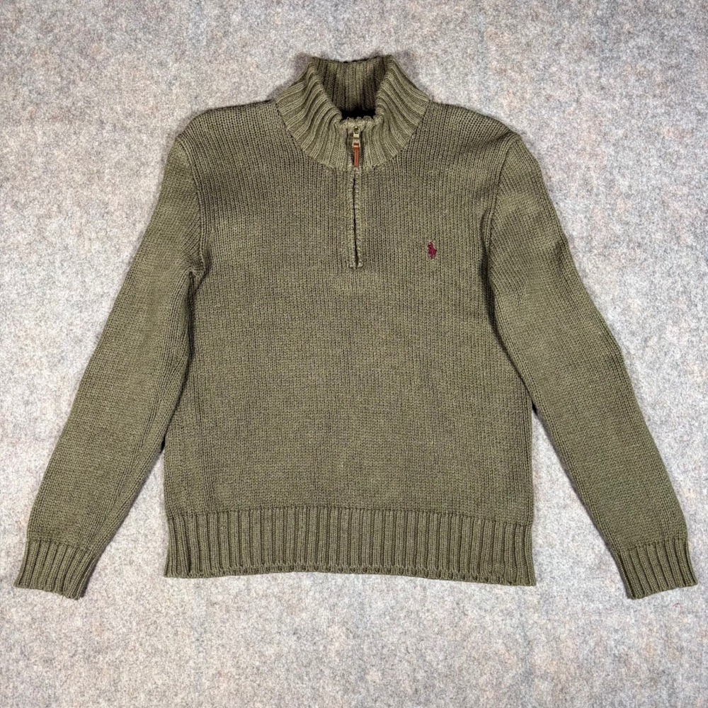 Polo Ralph Lauren Quarter Zip Sweater Mens S Olive Green Cotton Ribbed Knit Pony
